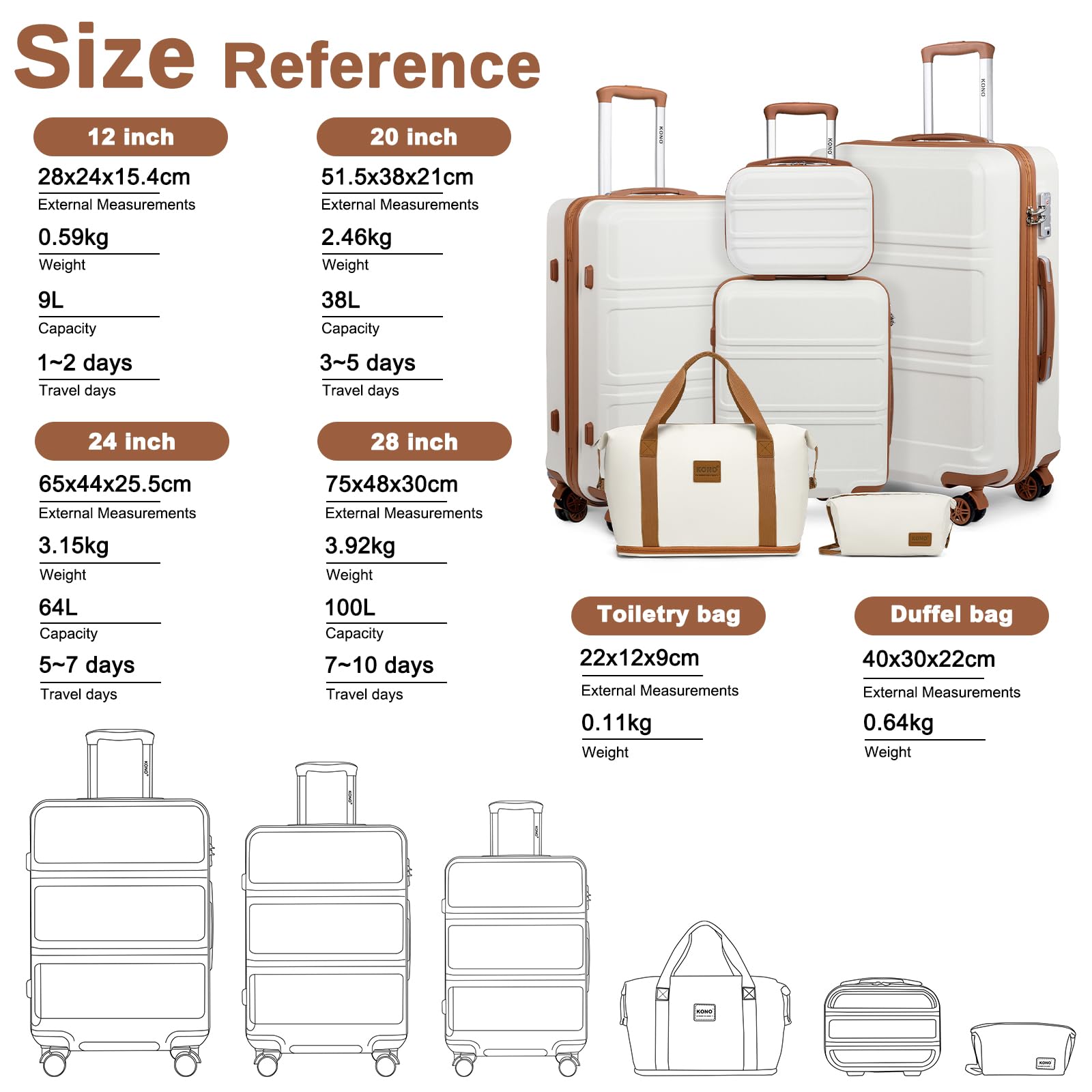 Kono Travel Luggage Sets of 6 Piece Lightweight ABS Hard Shell Trolley Case with TSA Combination Lock 20" 24" 28" Suitcase + 12" Beauty Case + Duffel Bag & Toiletry Bag (Cream White)