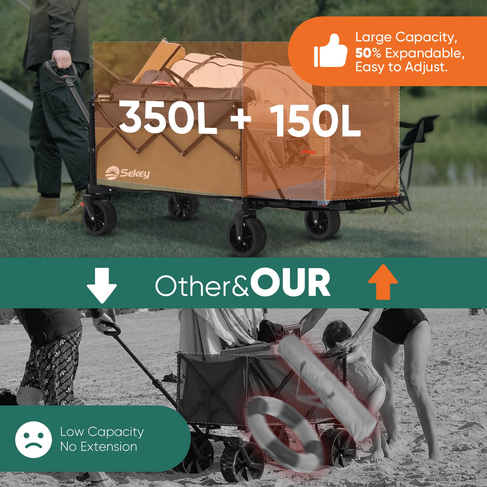 Sekey 332L Folding Festival Trolley with Expandable Tailgate, Patented Design Beach Cart - Diamond Collapsible, Wide All-Terrain Wheels, Brake, 350LB Load Capacity Heavy Duty Wagon for Camping, Black