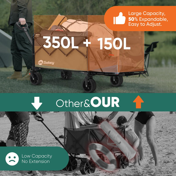 Sekey 332L Folding Festival Trolley with Expandable Tailgate, Patented Design Beach Cart - Diamond Collapsible, Wide All-Terrain Wheels, Brake, 350LB Load Capacity Heavy Duty Wagon for Camping, Black