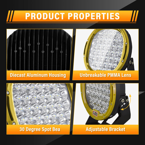 RIGIDON 2 Pcs Black Case Round Led Work Light, 9 inch 294W Spot Beam, 12V 24V Driving Lights Lamp Headlight for Car Off road Boat Truck 4x4 SUV ATV Tractors Excavator, 6000K White, Fog Lamp