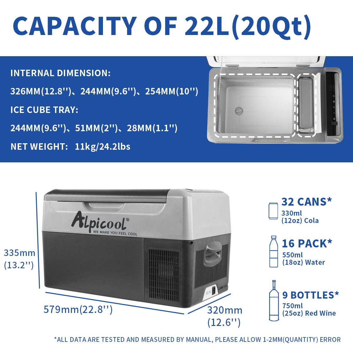 Alpicool G22 22L Compressor Car Fridge Freezer, DC 12v Camping Refrigerator, Portable Mini Cool Box for TruckCampervanRVBoat, -20℃ to 20℃