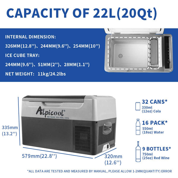 Alpicool G22 22L Compressor Car Fridge Freezer, DC 12v Camping Refrigerator, Portable Mini Cool Box for TruckCampervanRVBoat, -20℃ to 20℃
