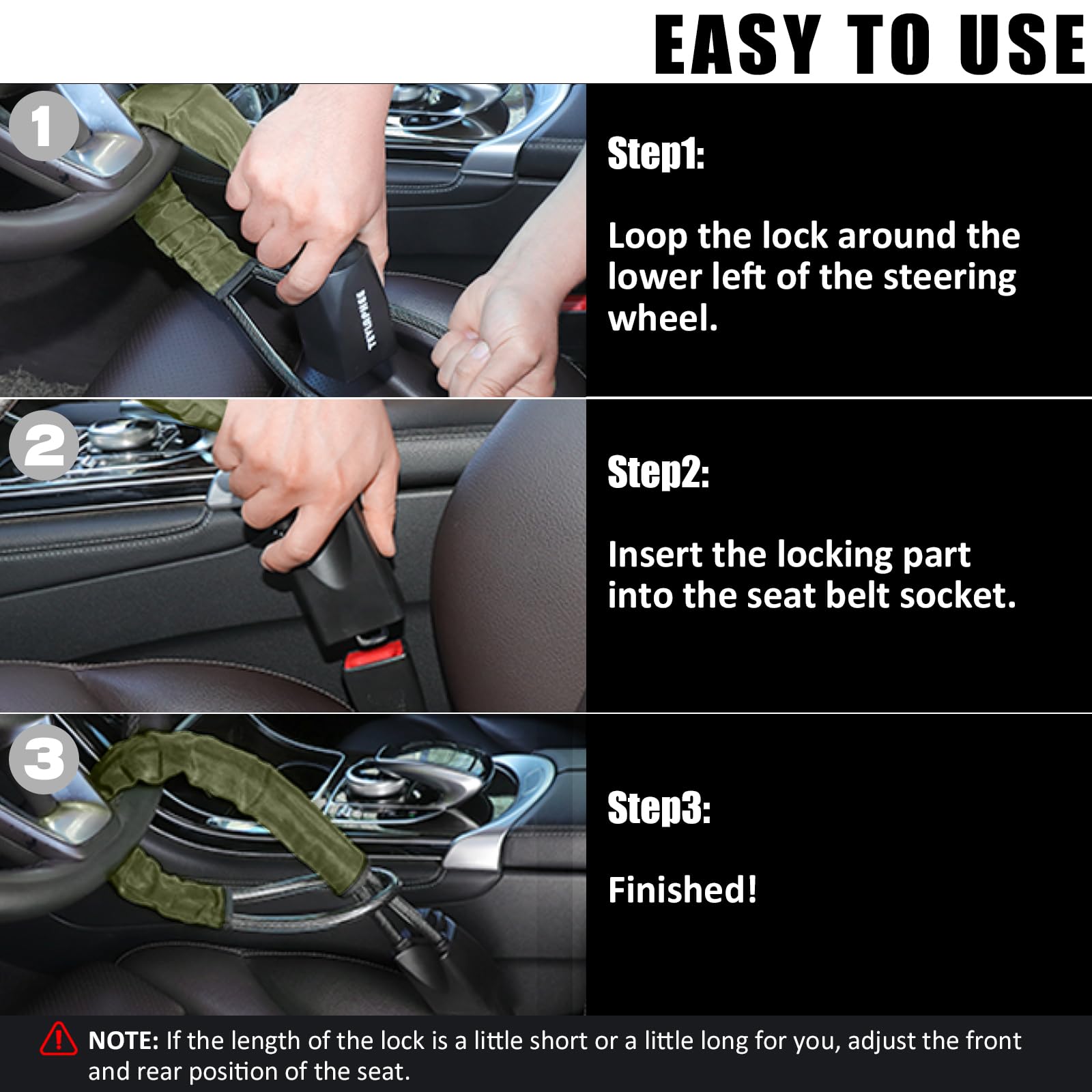 Tevlaphee Steering Wheel Lock, Steering Lock, Car Steering Wheel Locks, Steering Wheel to Seat Belt Lock, High Visibility Car Lock Anti-Theft Device, Heavy Duty, Universal Fit, 3Keys (Green)