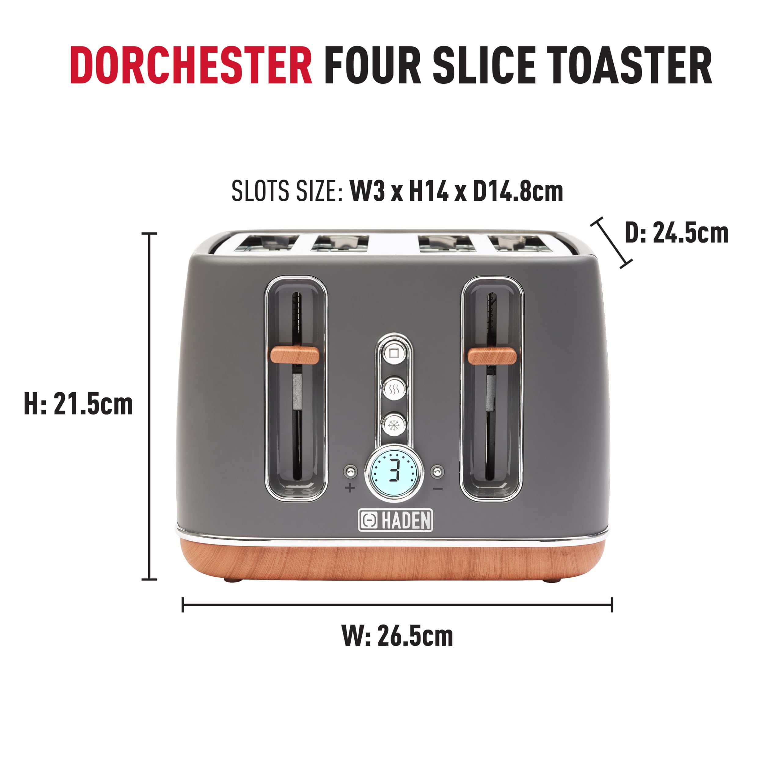 Haden Dorchester Grey Toaster 4 Slice - Variable Browning Levels - Digital Controls & Wide Slots 4 Slice Toaster - Cancel/Defrost/Reheat Settings -