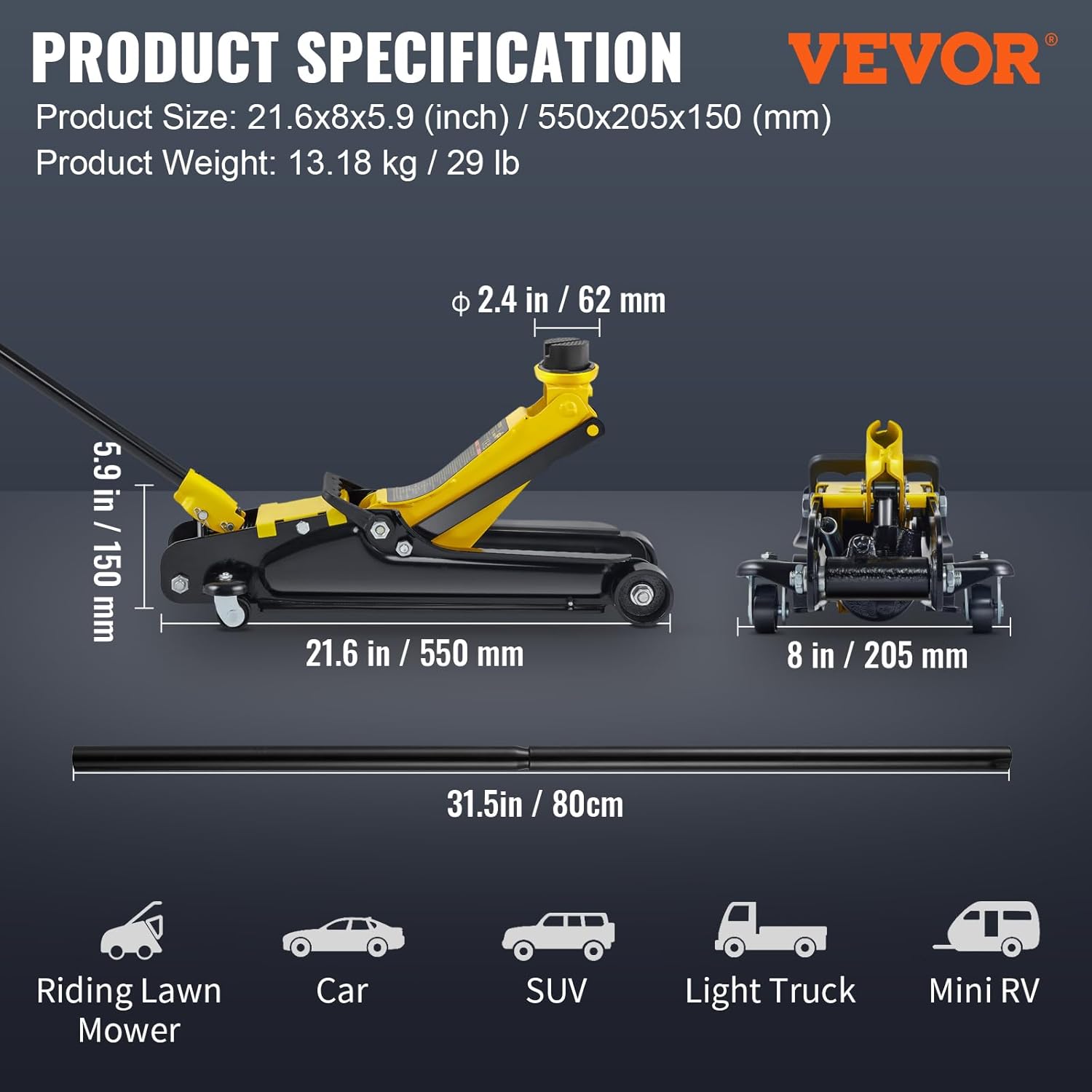 VEVOR Floor Jack, 2.5 Ton Low Profile Floor Jack, Heavy-duty Steel Racing Floor Jack With Single Piston Lift Pump, Floor Jack Lifting Range 85 mm-380 mm