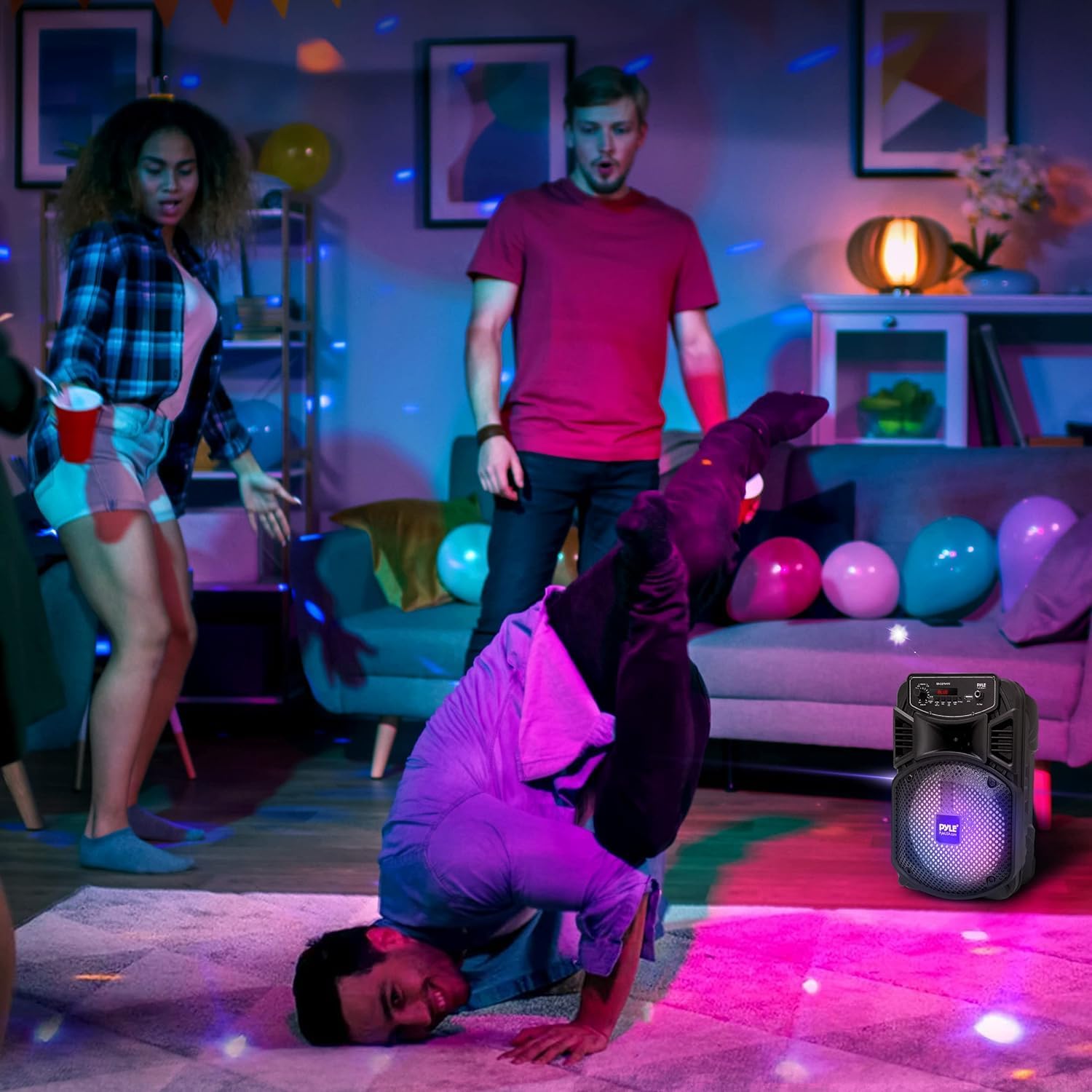 Pyle Wireless Bluetooth Party Speaker, PA Speaker System-300W Rechargeable Outdoor, Portable System w/ 8” Subwoofer 1” Tweeter, Loudspeaker- w/Lights, Mic & Guitar Port, USB/Radio, with Remote