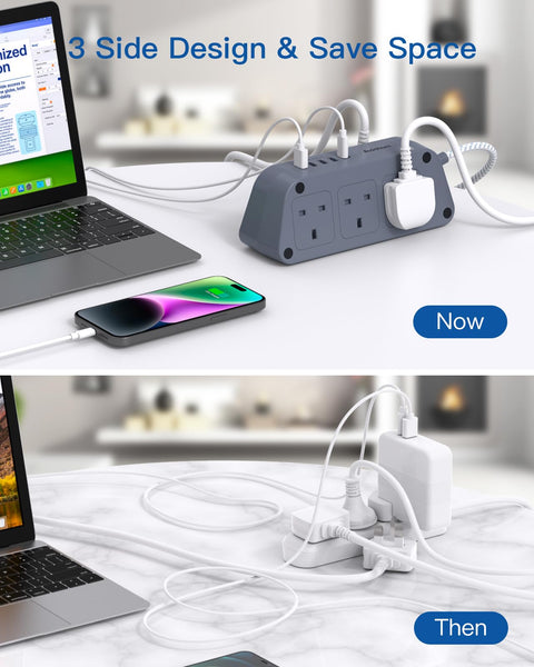 Black Extension Lead with USB Slots，6 Way Outlets 5 USB(5A, 1 USB- C and 4 USB-A Port) with 1.6M Braided Extension cord, 3250W Overload Protection，Security Surge Protection Plug Extension Socket