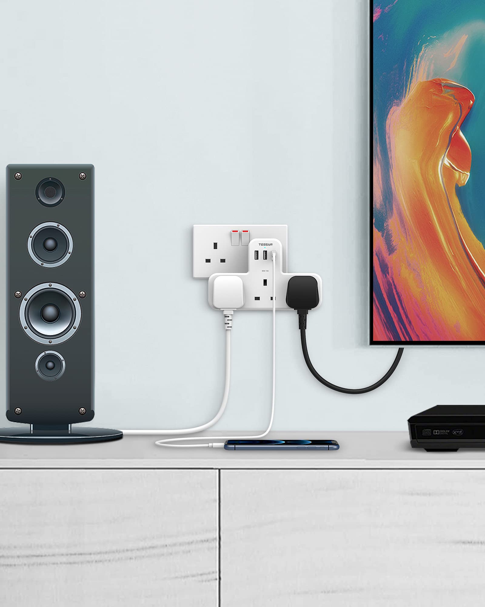 Plug Adapter, TESSAN Plug Extension Socket with 3 USB, 3 Way UK Multi Outlets Extender, Wall Charger for School Home, Kitchen, Office, School Supplies