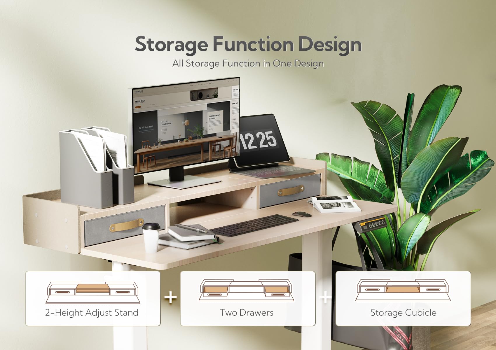 Claiks Electric Standing Desk with Drawers, 120x60cm Height Adjustable Desk with Storage Shelf and Splice Board, Stand Up Desk for Home Office, White Frame/Maple Top