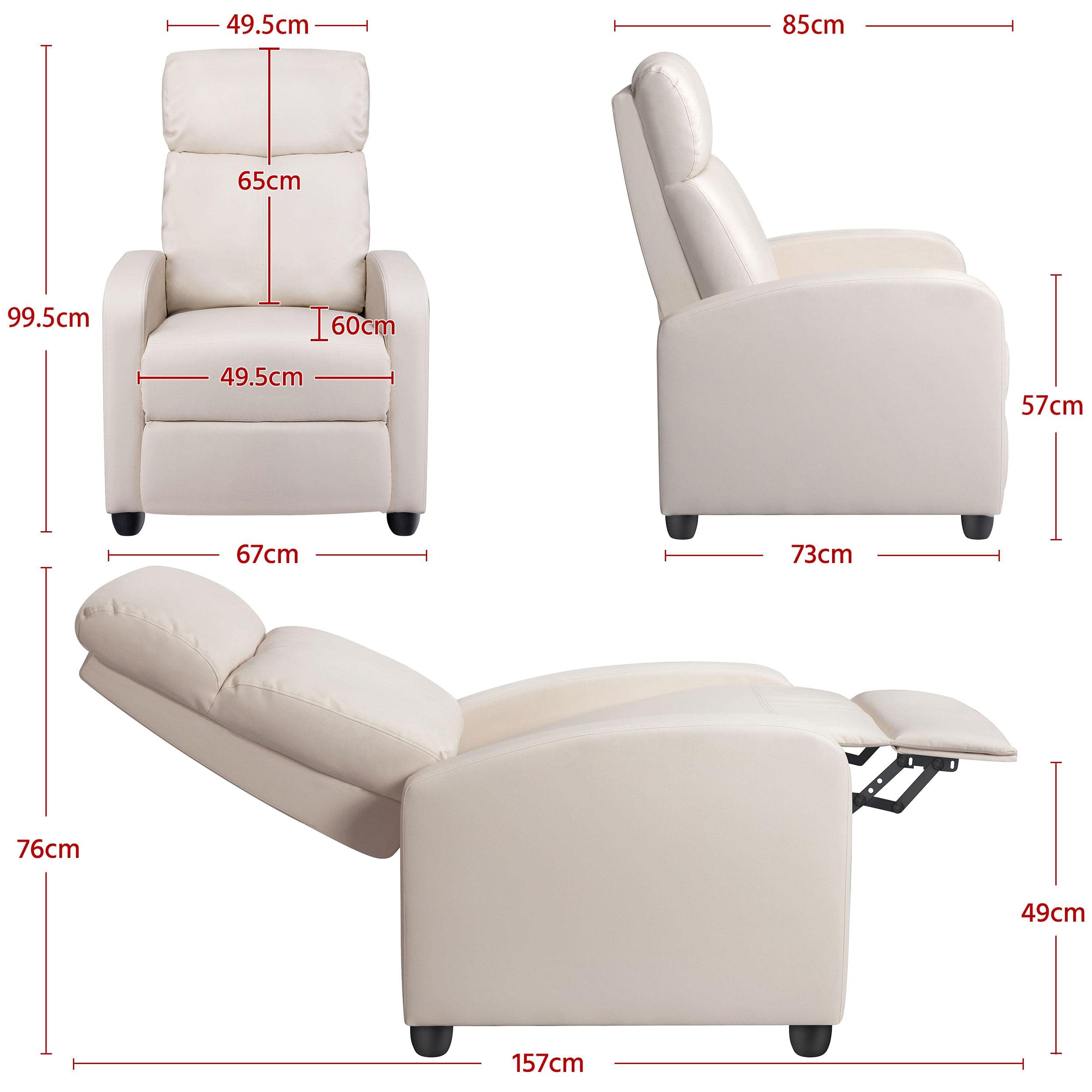 Yaheetech Recliner Armchair Single Padded Seat Boucle Fabric Sofa Lounge Home Living Room Theater Adjustable Leg Rest and Reclining Functions Ivory