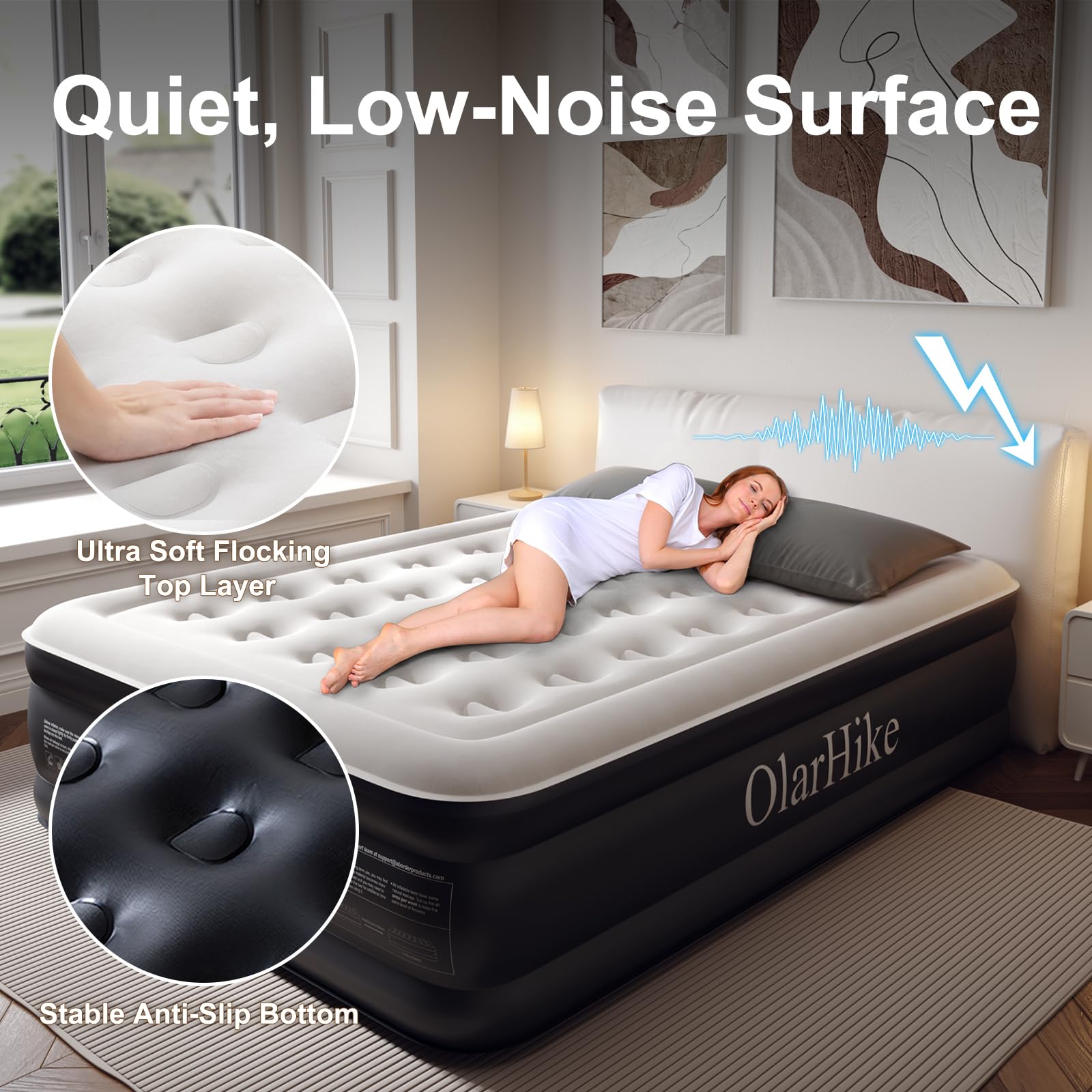 OlarHike Inflatable Mattress, Air Bed Double with Built-in Electric Pump, King Size Blow Up Self Inflating Guest Airbed with Flocked Surface for Camping or Home Use, 190cm L x 140cm W x 46cm H(Black)