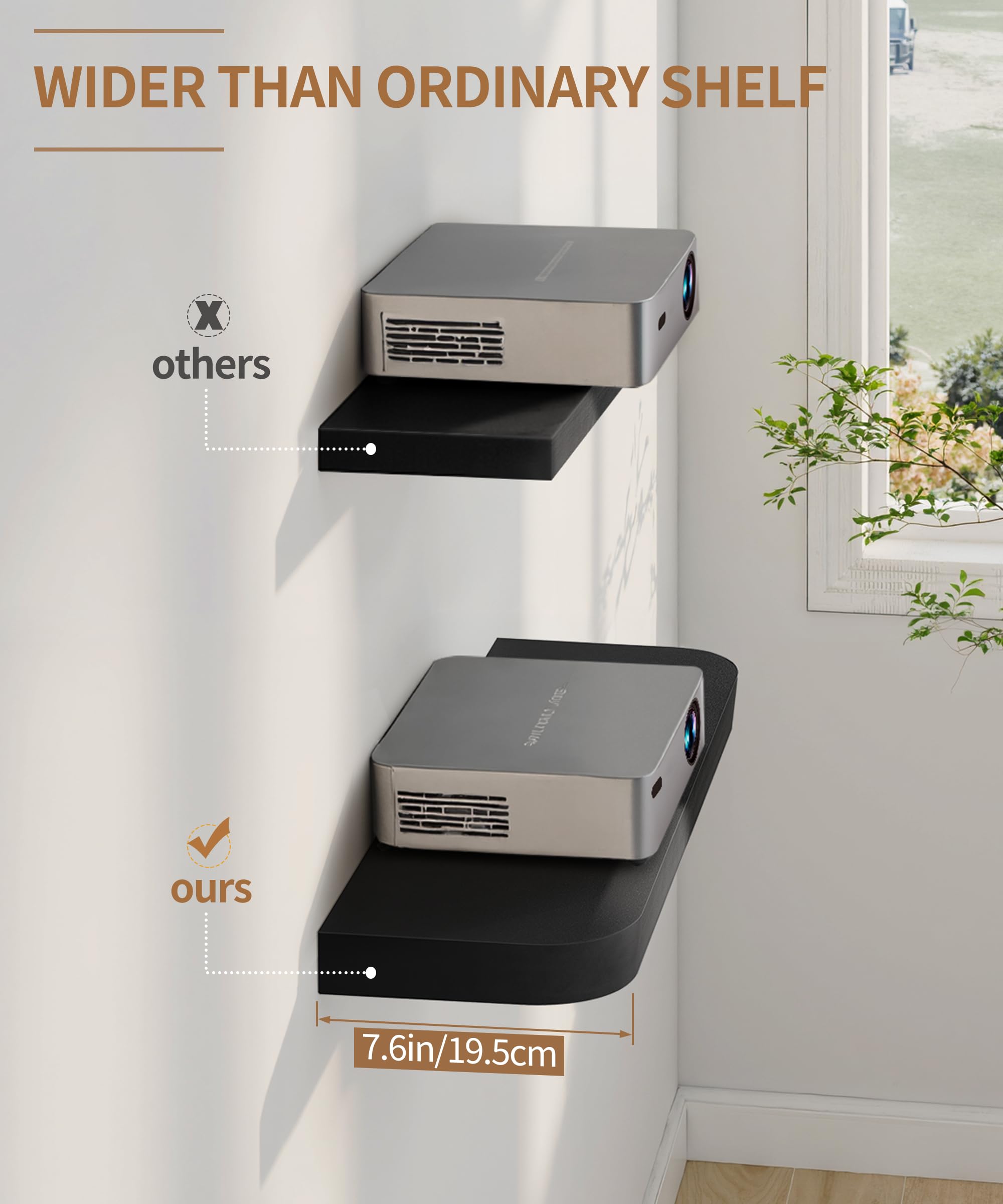 Gronda Black Floating Shelves for Wall, Set of 2 Modern Midcentury Wall Mounted Shelf Curved Edge Design with Large Decor Storage Display Shelf for