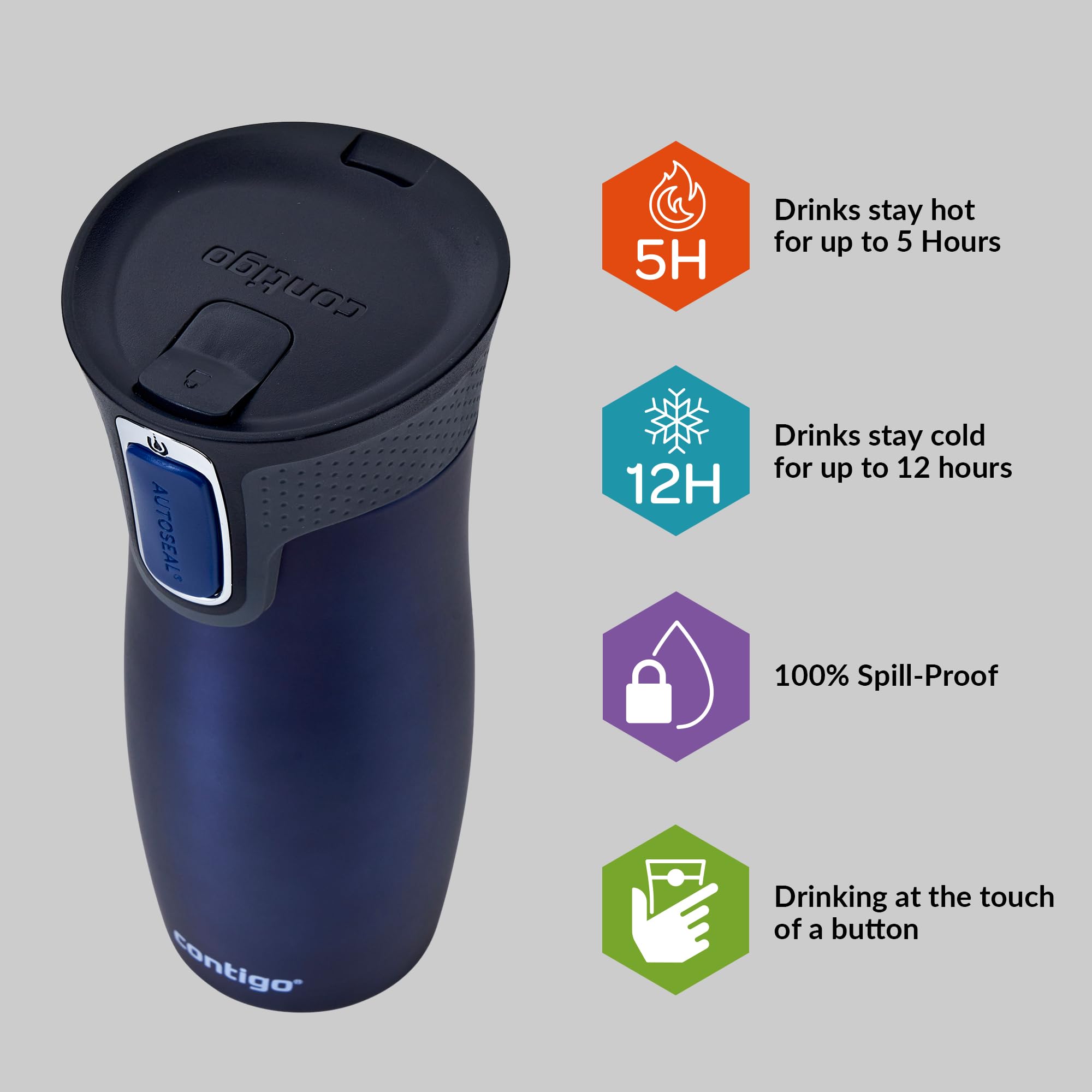 Contigo West Loop Autoseal Travel Mug, Stainless Steel Thermal Mug, Vacuum Flask, Leakproof Tumbler, Coffee Mug with BPA Easy-Clean Lid