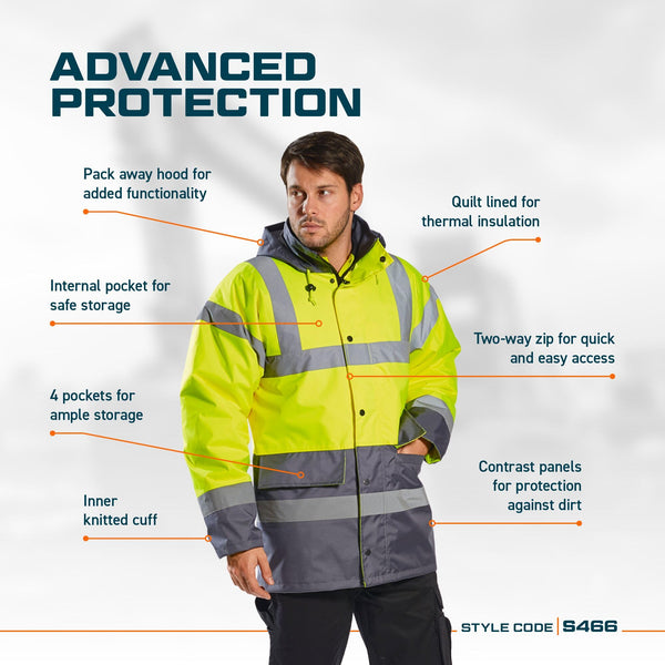 Portwest S466 Men's Waterproof Hi Vis Traffic Jacket - Reflective Safety Coat