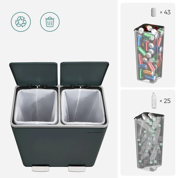 SONGMICS Dual Rubbish Bin, 2 x 30 L Recycling Bin with 15 Rubbish Bags, 2-Compartment Metal Pedal Bin with Lids and Plastic Inner Buckets, Soft Closure, Slate Grey LTB060G01