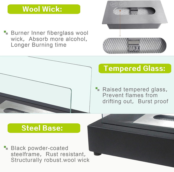 ATR ART TO REAL Tabletop Bioethanol Fireplace,0.5L Tank Large Capacity Bio ethanol Fuel Burner Heater Indoor Outdoor,Portable Table Top Fire Pit,Black