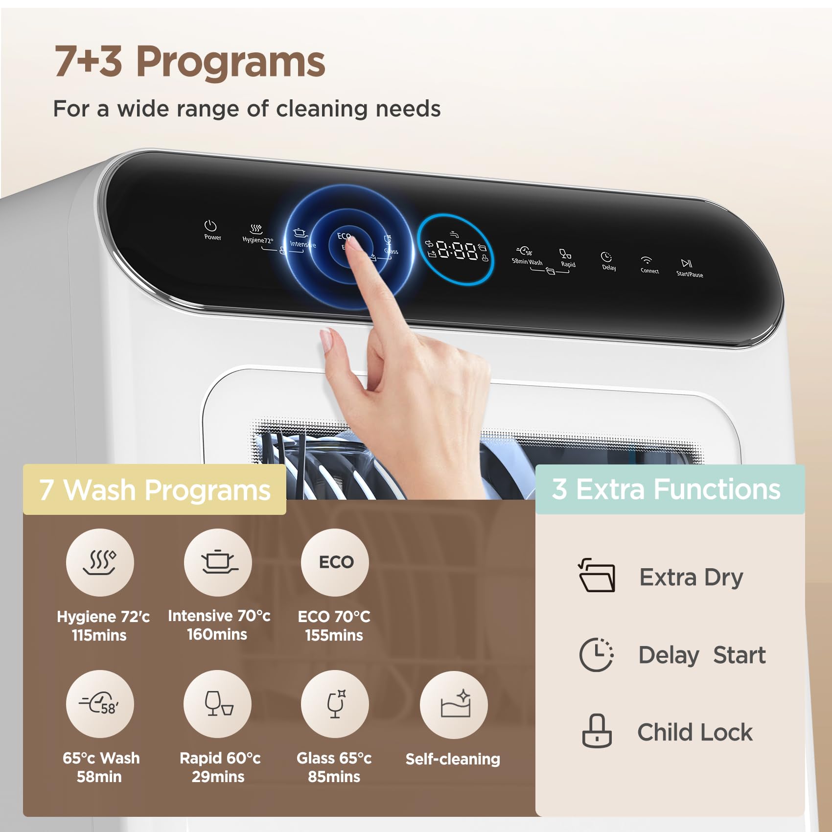 COMFEE' Table Top Dishwasher with 6 Place Settings, Mini Countertop Dishwasher for Small Families, Couples, LED display, Delay Start, 47dB Quiet Noise, White