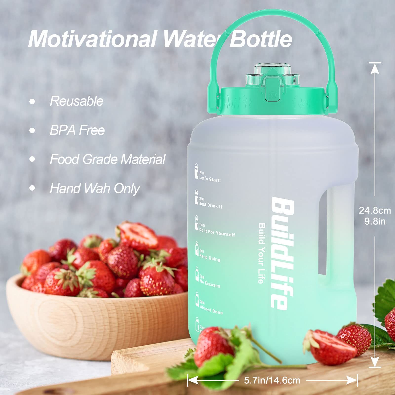 BuildLife Water Bottles with Straw & Flip Cap 2 in 1 Lid - Large Water Bottle with Time Markings BPA Free Leak Proof Wide Mouth Drinks Bottle,2.5 Litre Durable Sports Water Bottle (Black)