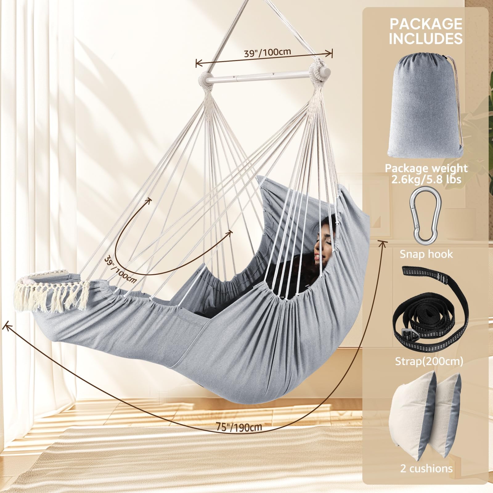 Chihee Hammock Chair Hanging Chair with Foot Rest 2 Cushions Max 550lbs Robust Metal Spreader Bar Collapsible Easy Storage Soft Cotton Swing Chair
