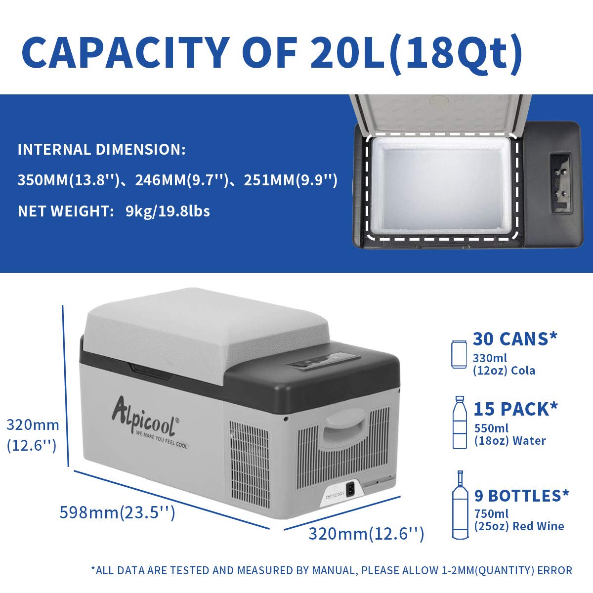 Alpicool C9PT 9L Compressor Car Fridge Freezer, DC 12v Camping Refrigerator, Portable Mini Cool Box for TruckCampervanRVBoat, -20℃ to 20℃(Black)