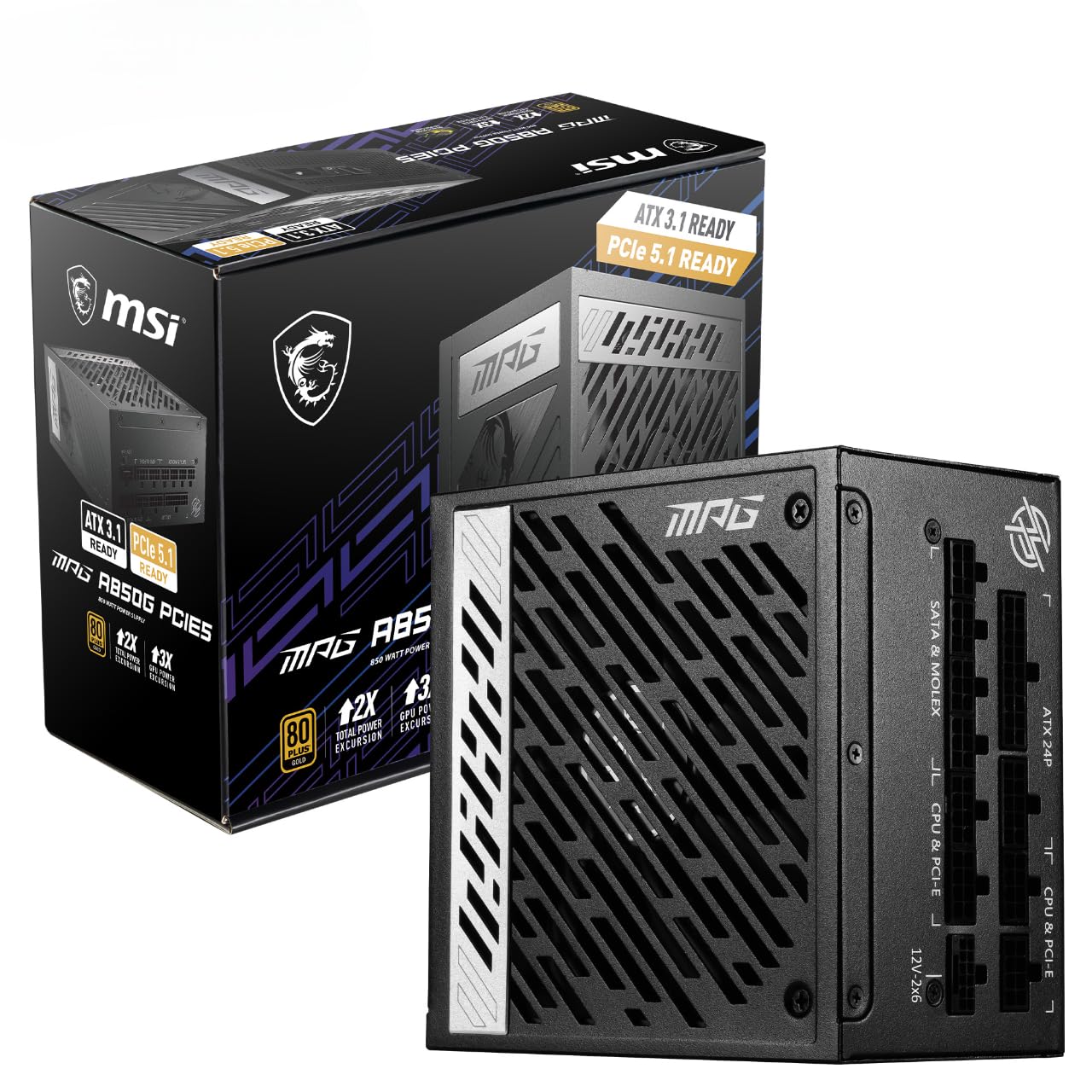 MSI MPG A1000G PCIE5 Power Supply Unit, UK Plug - 1000W, 80 Plus Gold Certified, Fully Modular ATX 3.0, PCIe 5.0 GPU Support, Japanese 105°C Capacitors, 0% RPM Mode, Flat Cables - 10 Year Warranty
