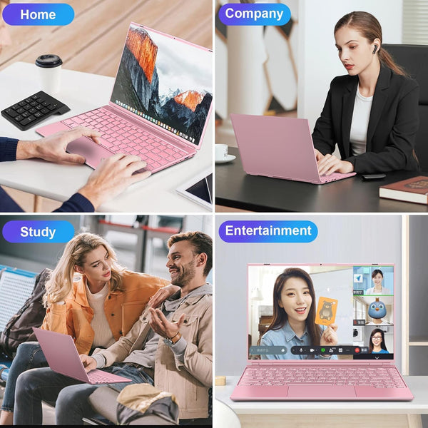HUQPPQ 14 Inch Laptop Celeron N5095 Processor (Up to 2.9GHz) 8GB RAM 256GB SSD Win11 Laptops | FHD 1920×1200 IPS Display | WiFi 5, BT4.2, Webcam | 180° Foldable | For Students & Business-Pink-N700