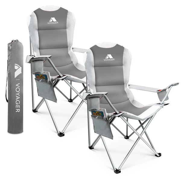 Voyager Folding Camping Chairs 2 Pack with Cooler Bag, Lightweight Q195 Steel Frame, 600D Oxford Fabric, Portable & Comfortable - Black (Black, Padded)