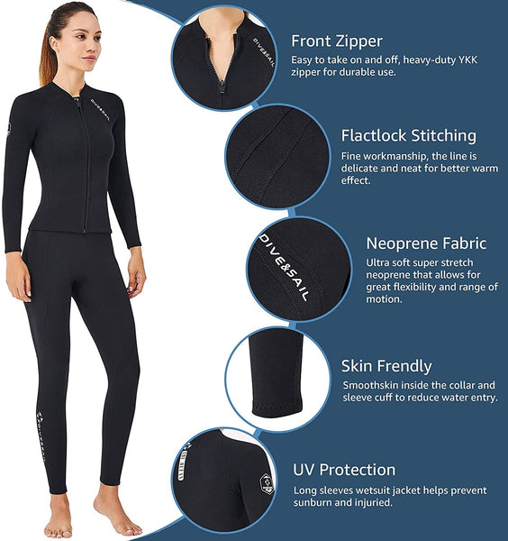 EUPTE 2mm Wetsuits Women/Men Long Sleeve Jacket UPF50+ UV Protection Diving Skin Suit Top for Scuba Diving Snorkeling Surfing Swimming (women, 2XL)