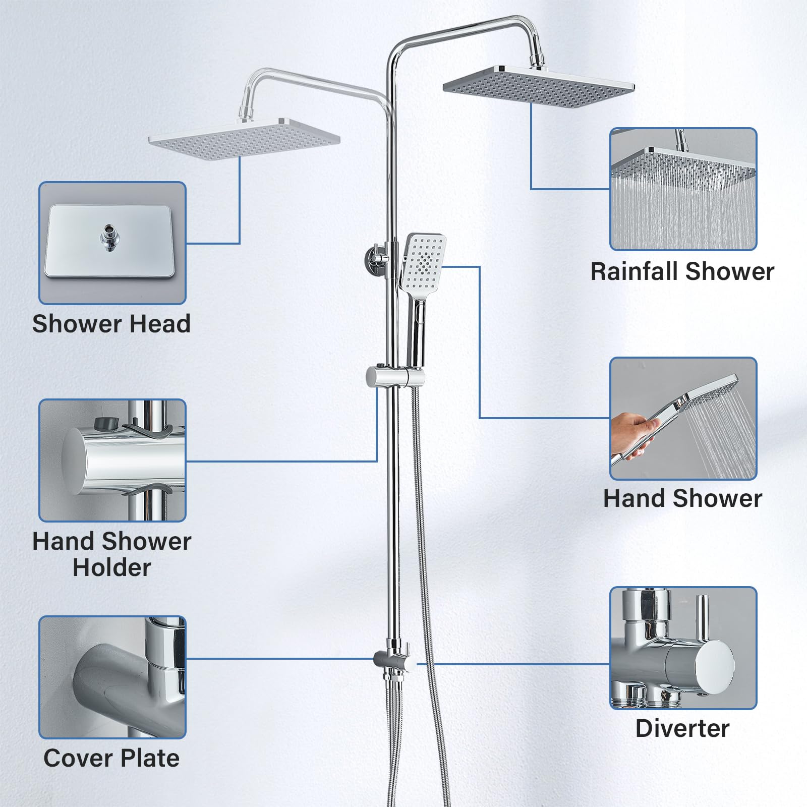 Rozin Shower Riser Rail Kit Adjustable Chrome 2 Functions Square Overhead 29 * 19cm and Hand Shower Stainless Steel Easy Install
