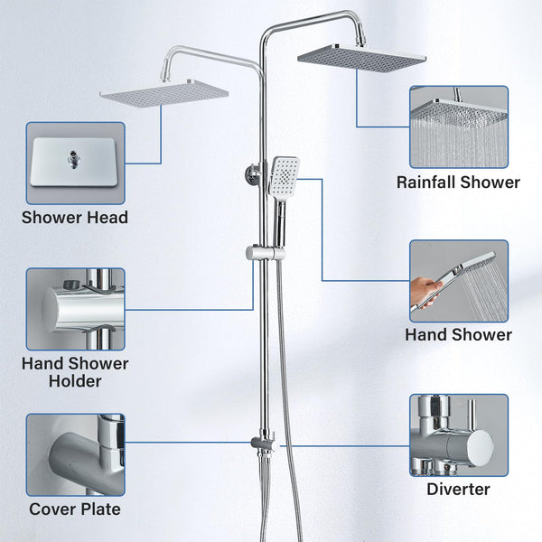 Rozin Shower Riser Rail Kit Adjustable Chrome 2 Functions Square Overhead 29 * 19cm and Hand Shower Stainless Steel Easy Install