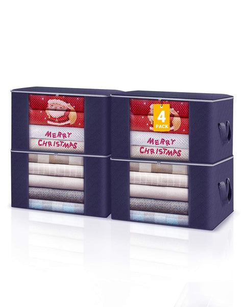 KALAHOL 90L Large Capacity Clothes Storage Bags with Zips, Storage Boxes with Lids, Reinforced Handle, Foldable, Thick Fabric, for Comforters, Clothes, Blankets, Bedding, 4 Pack, Dark Grey