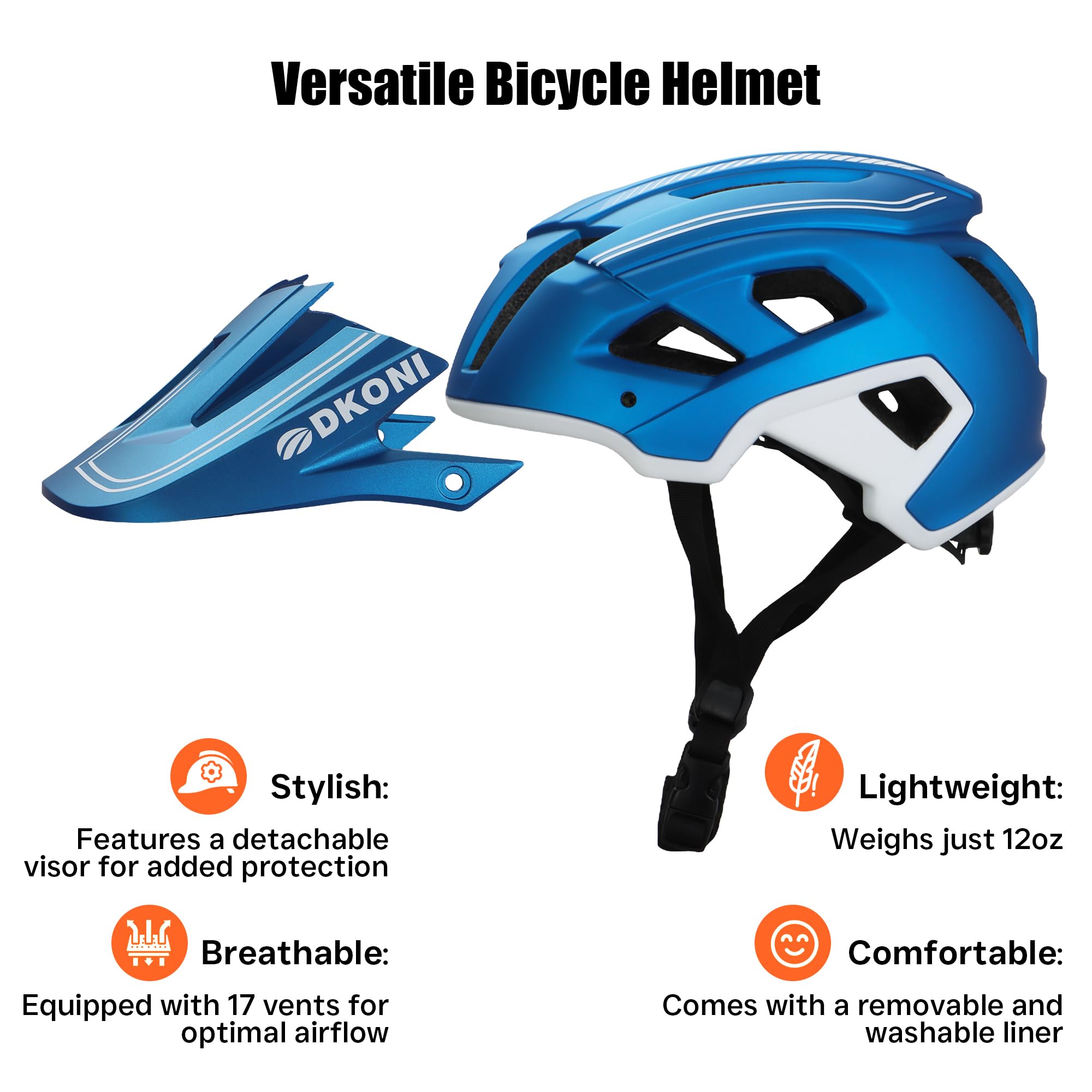 DKONI MTB Mountain Bike Helmet for Youth and Adults, Unisex, Lightweight, Adjustable Fit 54-61cm, Removable Visor and Liners, 17 Large Air Vents (Blue