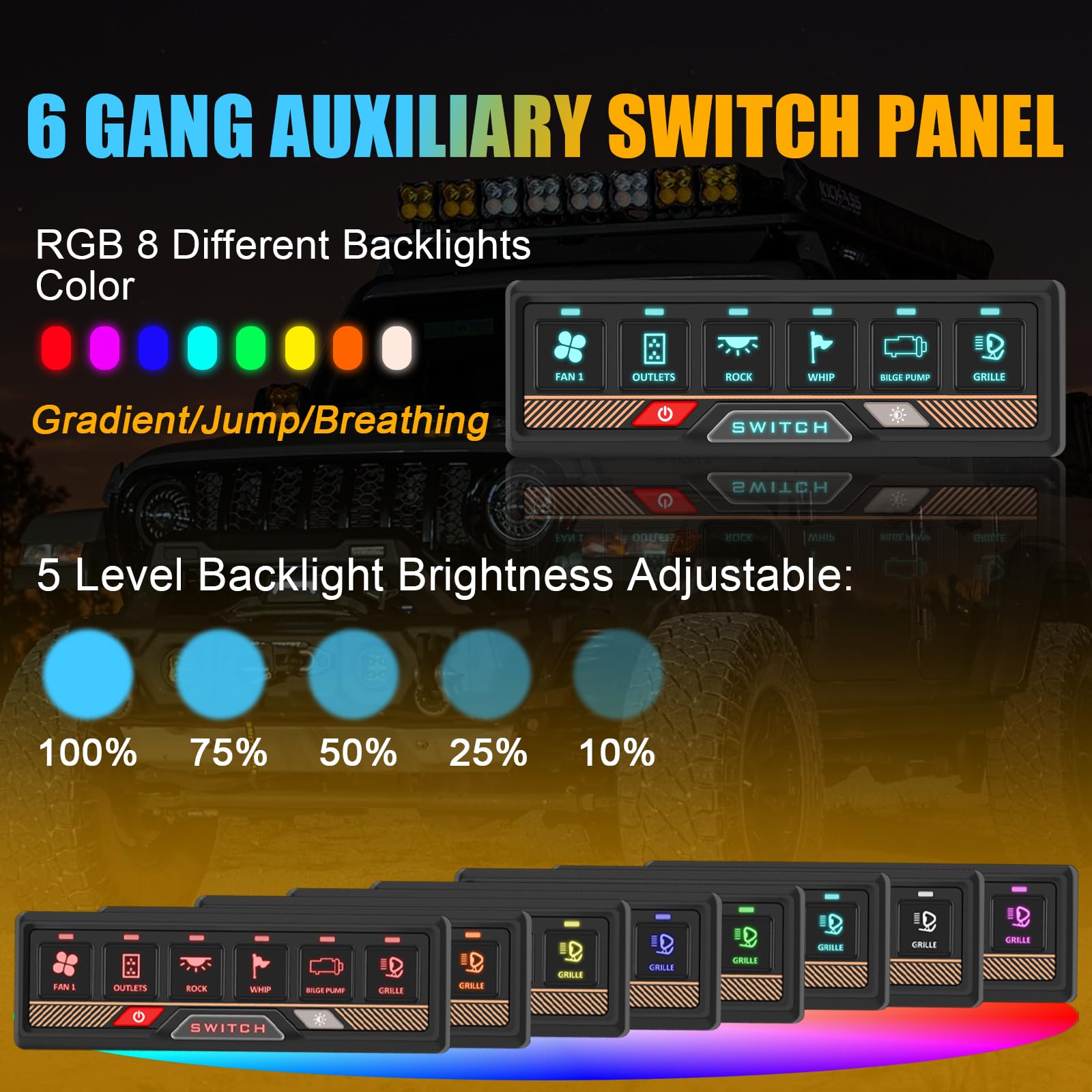 Chelhead 12V/24V Switch Control Panel RGB 6 Gang Dimmable Multi-Function Programmable Switch Panel Acc Battery Control Waterproof, Compatible with Truck Boat SUV RV Trailer Marine ATV UTV