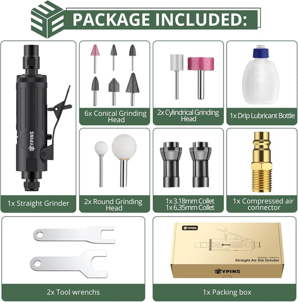EYPINS Pneumatic Mini Air Die Grinder 1/4" & 1/8" - 25000RPM High-Speed Straight Grinding Tool with Safety Lock, Grinding Stones Kit for Metal, Wood, Plastic Polishing, Grinding & Rust Removal