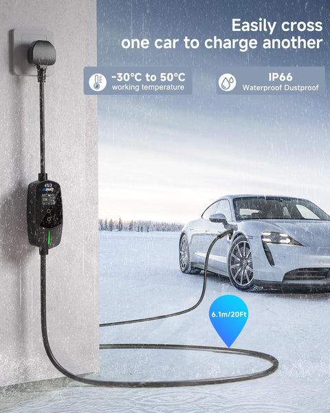 EVDANCE EV Charger Cable Type 2 to 3 Pin Plug 20ft/6.1m [6/8/10/13A] Current Adjustable Portable Electric Car Charger with 0-12h Time Delay, IP66, Type 2 Charging Cable for EV & PHEV, Black