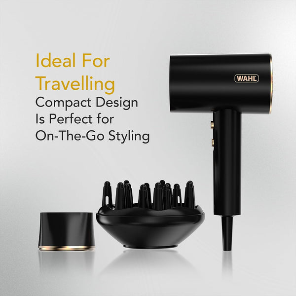 Wahl Ionic Flow Hairdryer, Professional Drying, Frizz-Free, Powerful, Lightweight, Cold Shot, Heat Concentrating, Diffuser, Fast Speed, Styling, Compact, Travel