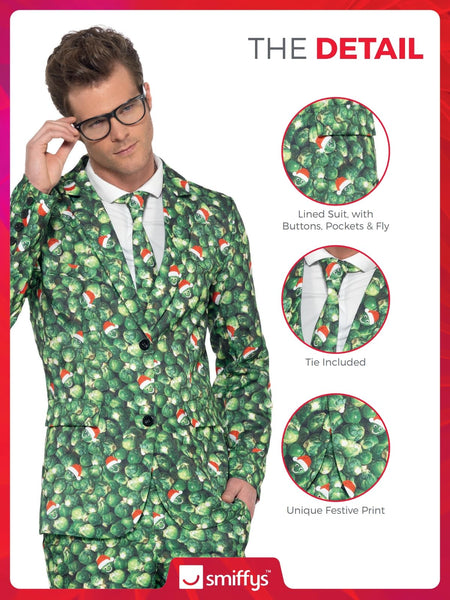 Smiffys Brussel Sprout Suit, Green with Jacket, Trousers & Tie, Stand Out Suits Fancy Dress, Xmas Dress Up Costumes