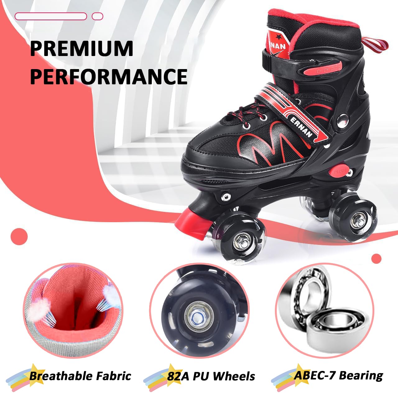 ERNAN Roller skates kids Roller boots,8 Light up Wheels and 4 Sizes Adjustable.Rollerskates for Kids Beginners, Suitable for Indoor Outdoor (RED, S)