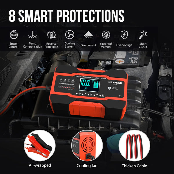 10-Amp Car Battery Charger, 12V and 24V Smart Fully Automatic Battery Charger with Temperature Compensation for Car Truck Motorcycle Marine Lead Acid Batteries