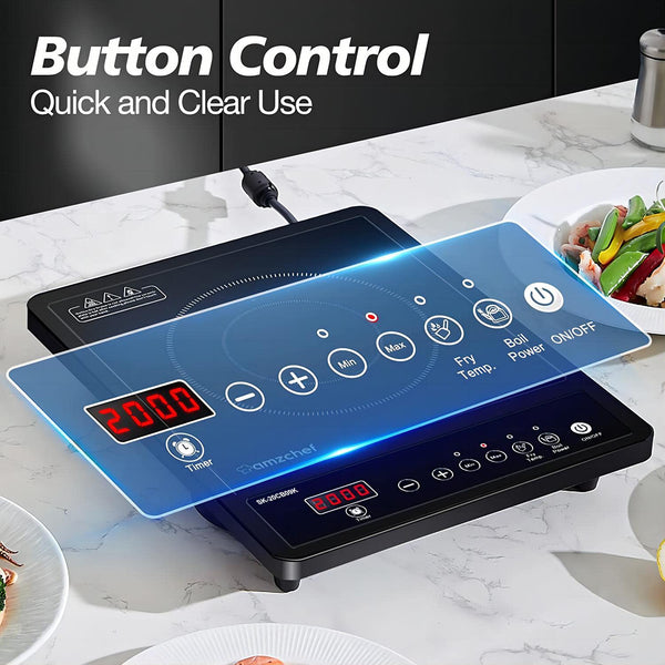 AMZCHEF Single Induction Hob, Portable Induction Hob, 10 Temperature Settings and Power levels from 300W to 2000W, Black Frosted Glass Panel,Sensitive