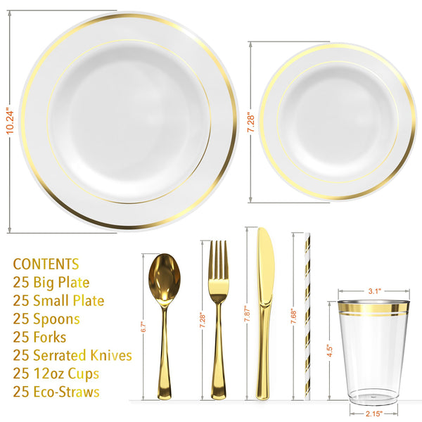 DLux 175 Pieces Gold Plastic Dinnerware Set for 25 Guests, (25 Forks, Knives, Spoons, Cups, Straws, Salad & Dinner Plates) for Wedding and Party,