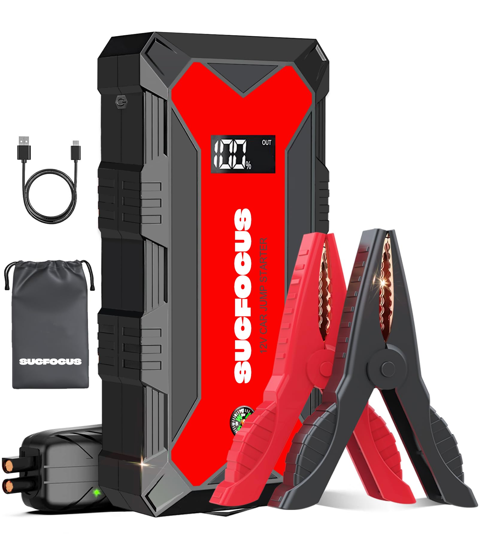 Jump Starter Power Pack, 2500A Car Battery Booster Jump Starter (for 8.0L Gas or 6.5L Diesel Engine), Car Jump Starter Power Bank, Battery Jump Starter with Jump Leads, LED Light/USB QC3.0