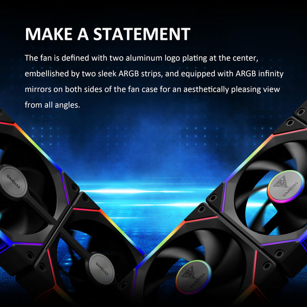 GAMDIAS 120mm ARGB PC Case Fans, Computer Case Fan, Cabless Daisy Chain Connection, Dual Infinity Mirror Lighting, Swappable Fan Blade for Reverse Airflow, Performance 30mm Thick, With Control Box