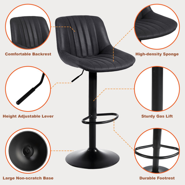 Youhauchair Bar Stools Set of 2, Swivel Counter Height Barstools with Back, Adjustable PU Leather Bar Chairs, Modern Armless Kitchen Island Stool, Black