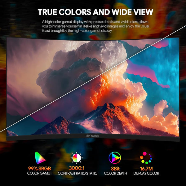 CRUA 30Inch Ultrawide Curved Monitor, 21:9 WFHD(2560x1080P) VA Computer Monitor, 99% sRGB 100HZ 1500R PC Monitors Support FreeSync, Wall-Mounted, with HDMI/DP Display Port-Black