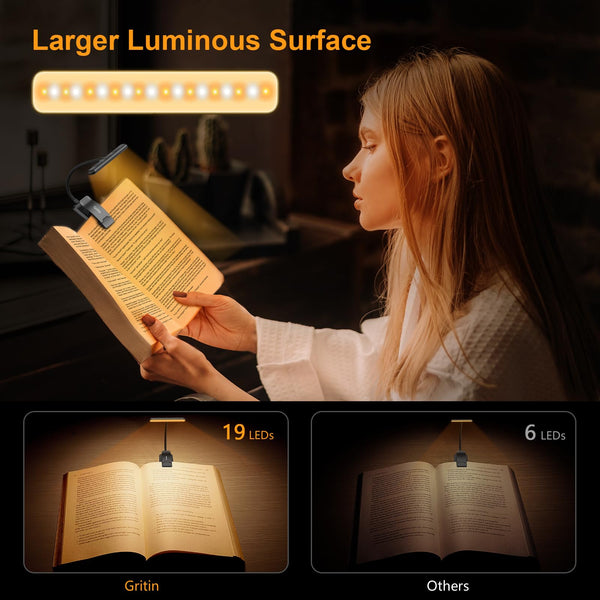 Gritin 19 LED Book Light, Reading Light Book Lamp for Reading at Night with Memory Function, 3 Eye-Protecting Modes -Stepless Dimming, Long Battery Life, 360° Flexible Lamp for Bed,Tablet