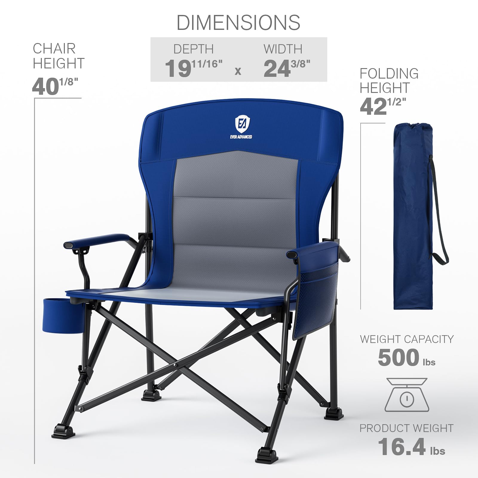 EVER ADVANCED Camping Chair for Adults Oversized 230KG, Folding Chair for Heavy People with Side Pocket, Heavy Duty Extra Wide with Hard Armrest Foldable Garden Fishing Outdoor Fold up