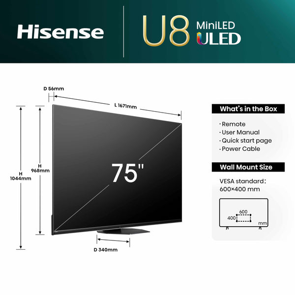 Hisense 55 Inch 4K Mini-LED TV 55U6NQTUK - Quantum Dot Colour, Dolby Vision Atmos, Hi-View Engine, FilmMaker Mode, Vidaa OS with Voice Control, Freely, Youtube, Netflix and Disney+ (2024 Model)