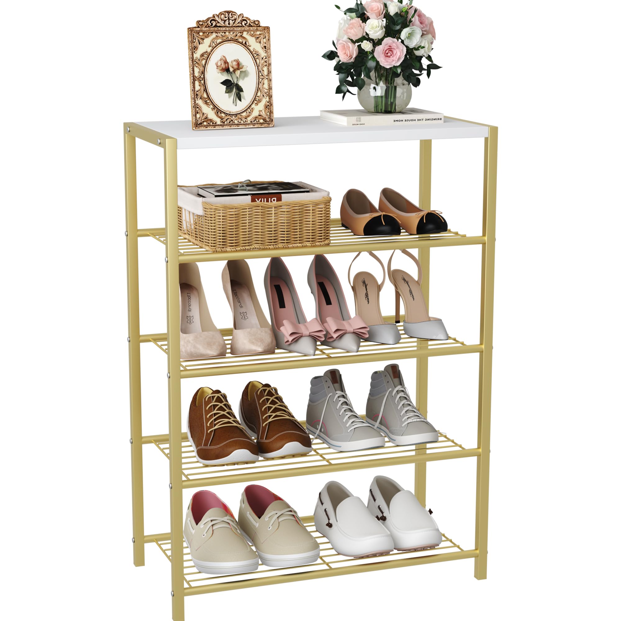 HOME BI 5-Tier Shoe Rack, Metal Shoe Storage Organizer, Modern Shoe Stand, Durable Shoe Shelf for Closet, Hallway, Entryway, Living Room,Gold