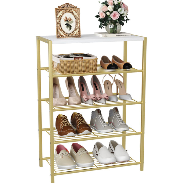 HOME BI 5-Tier Shoe Rack, Metal Shoe Storage Organizer, Modern Shoe Stand, Durable Shoe Shelf for Closet, Hallway, Entryway, Living Room,Gold